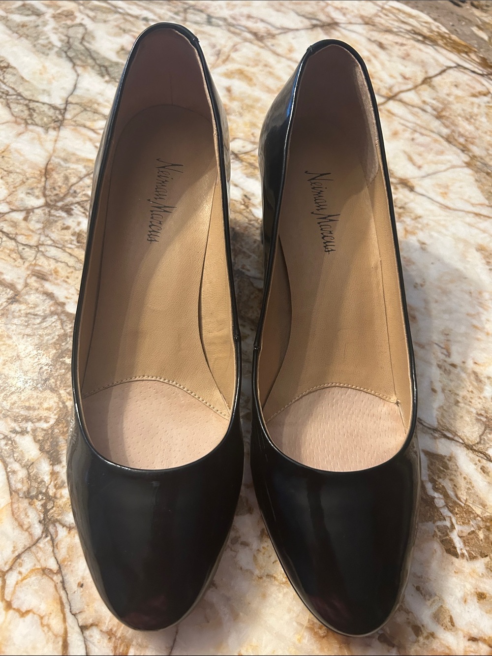 Neiman Marcus Black Patent Leather Round-Toe Pumps